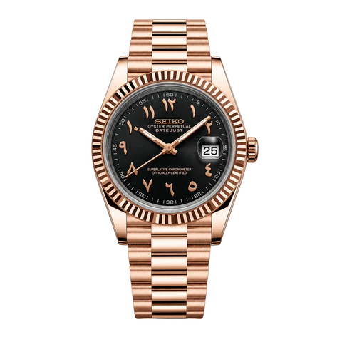 Seiko Mod Datejust black Arabic dial rose gold tone