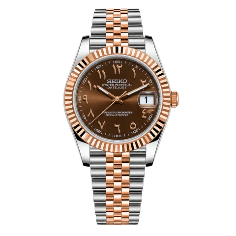 Seiko Mod Datejust chocolate Arabic dial two tone rose gold