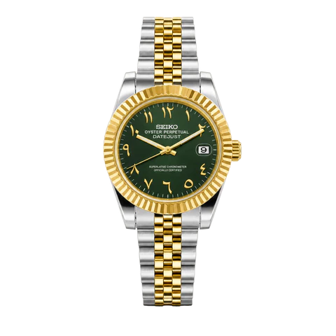 Seiko Mod Datejust green Arabic dial two tone gold