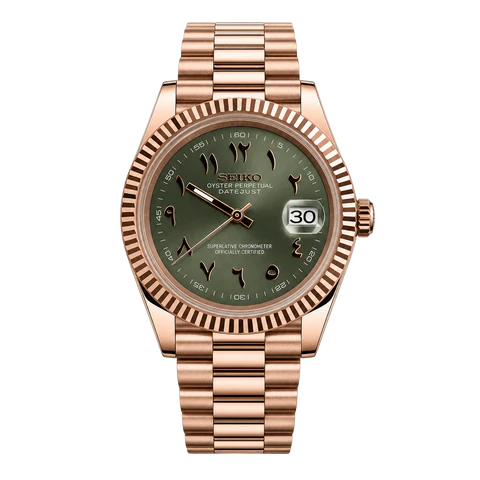 Seiko Mod Datejust olive green Arabic dial rose gold tone