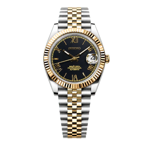 Seiko Mod Datejust black Roman dial two tone